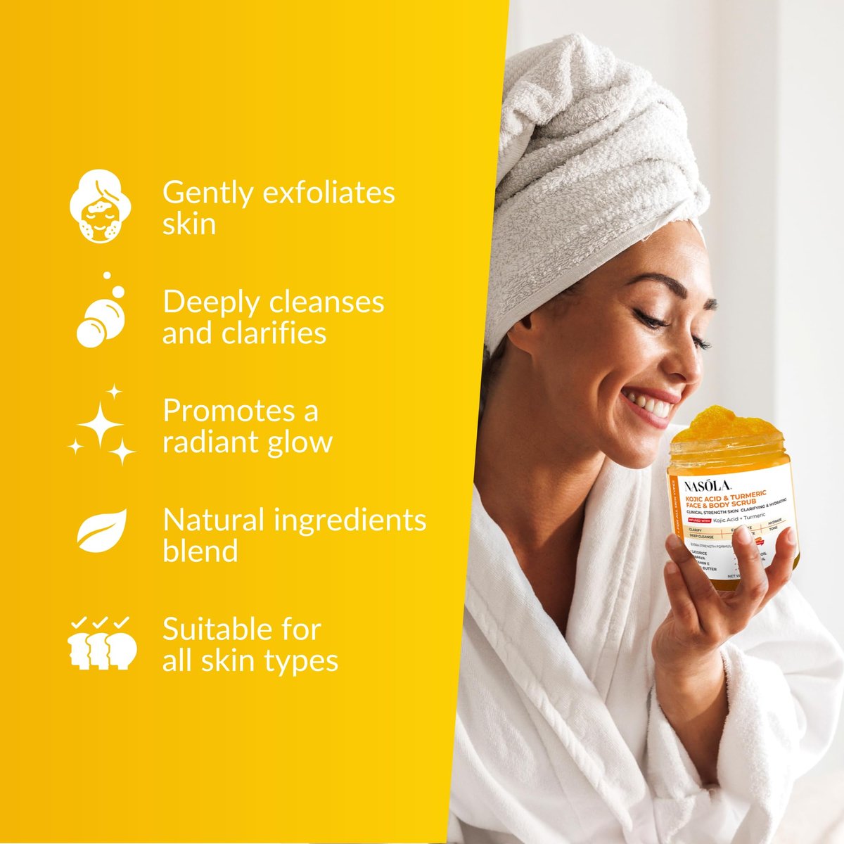 Nasola Kojic Acid Turmeric Face and Body Scrub – Moisturizing & Exfoliating Sugar Scrub with Shea Butter & Oils for All Skin Types, 10.22 oz Avelisse