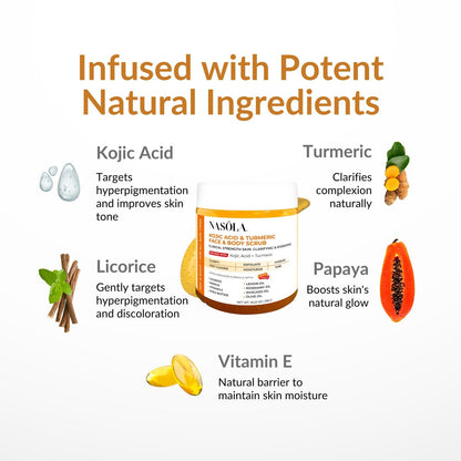 Nasola Kojic Acid Turmeric Face and Body Scrub – Moisturizing & Exfoliating Sugar Scrub with Shea Butter & Oils for All Skin Types, 10.22 oz Avelisse