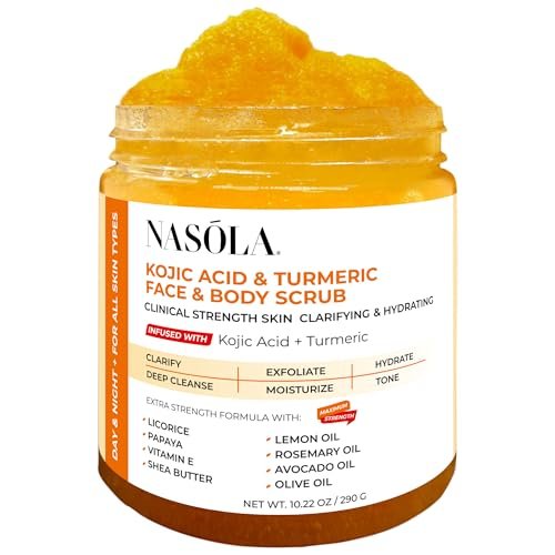Nasola Kojic Acid Turmeric Face and Body Scrub – Moisturizing & Exfoliating Sugar Scrub with Shea Butter & Oils for All Skin Types, 10.22 oz Avelisse