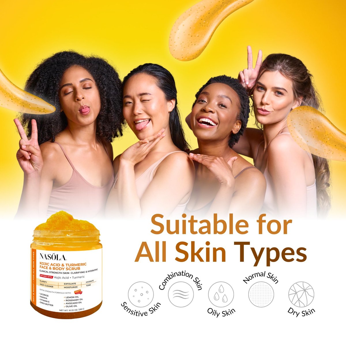 Nasola Kojic Acid Turmeric Face and Body Scrub – Moisturizing & Exfoliating Sugar Scrub with Shea Butter & Oils for All Skin Types, 10.22 oz Avelisse