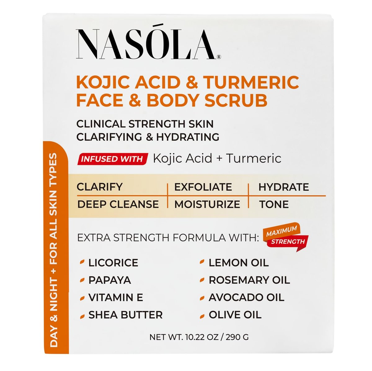 Nasola Kojic Acid Turmeric Face and Body Scrub – Moisturizing & Exfoliating Sugar Scrub with Shea Butter & Oils for All Skin Types, 10.22 oz Avelisse