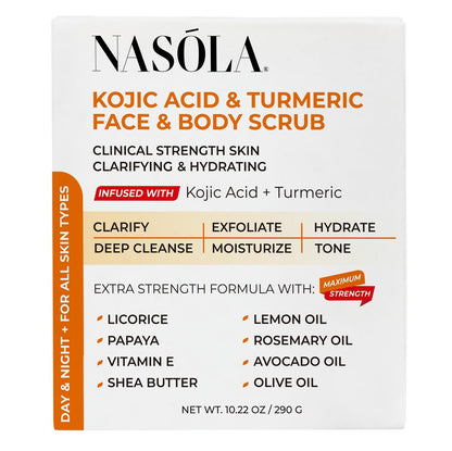 Nasola Kojic Acid Turmeric Face and Body Scrub – Moisturizing & Exfoliating Sugar Scrub with Shea Butter & Oils for All Skin Types, 10.22 oz Avelisse