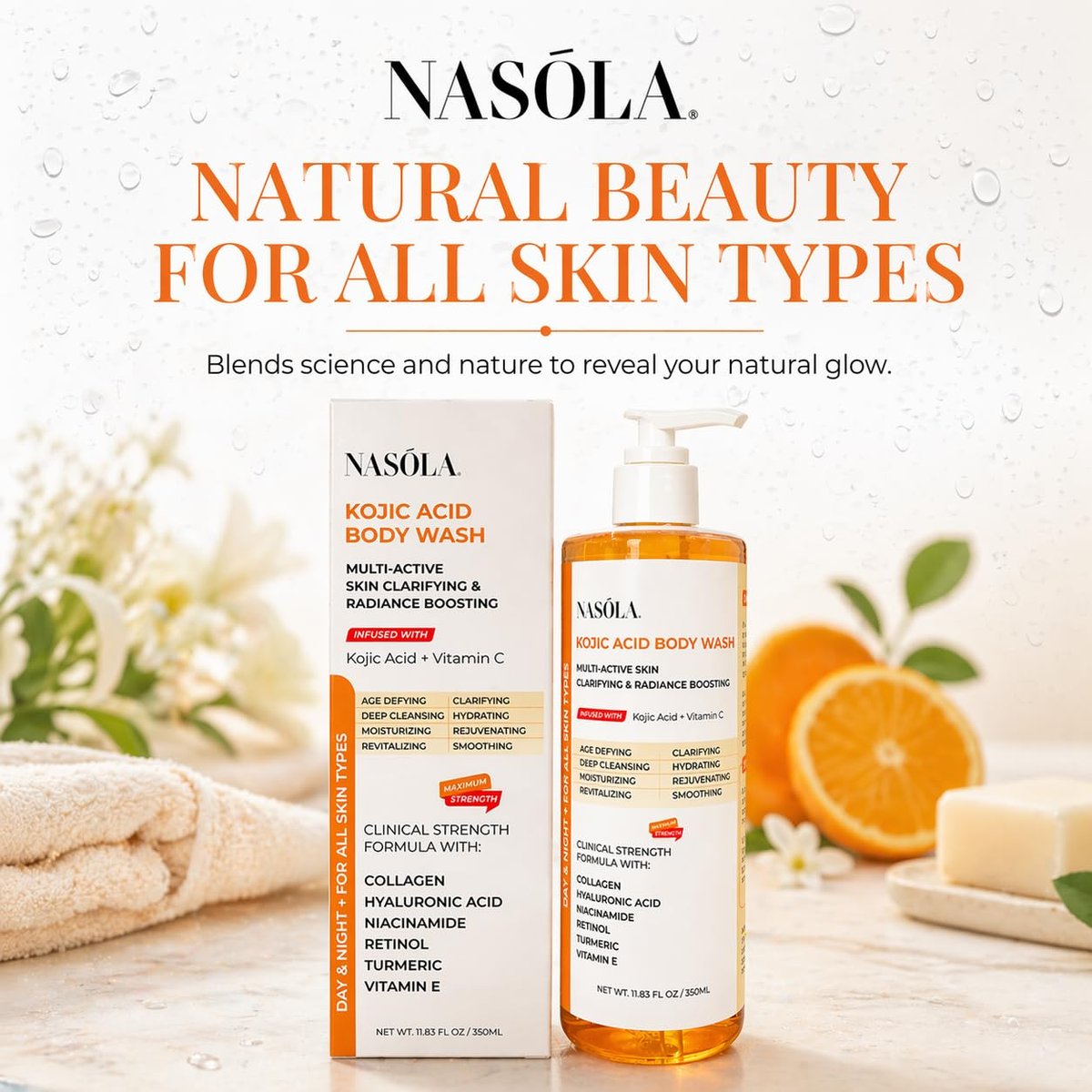 Nasola Kojic Acid Body Wash – Turmeric & Vitamin C Skin Brightening Shower Gel – Deep Gentle Moisturizer for Women & Men – Hydrating Body Wash for All Skin Types – 11.8 fl oz Avelisse