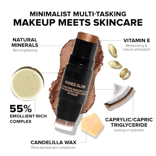 Nudestix Nudies Glow Highlighter Stick – Illumi-Naughty | Dewy Cream Highlighter for Face, Eyes & Body with Built-In Brush Avelisse
