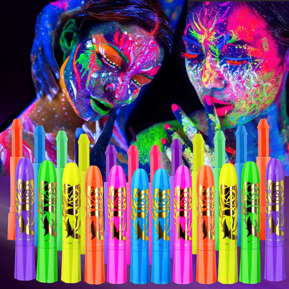12 PCS Glow Face Body Paint Kit – Neon UV Black Light Reactive Makeup for Halloween, Festivals, and Glow Parties - görsel 1