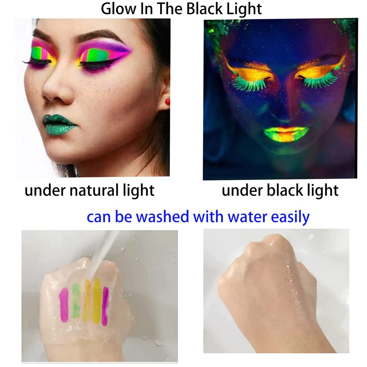 12 PCS Glow Face Body Paint Kit – Neon UV Black Light Reactive Makeup for Halloween, Festivals, and Glow Parties - görsel 11