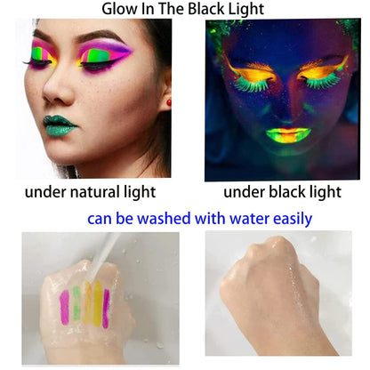 12 PCS Glow Face Body Paint Kit – Neon UV Black Light Reactive Makeup for Halloween, Festivals, and Glow Parties