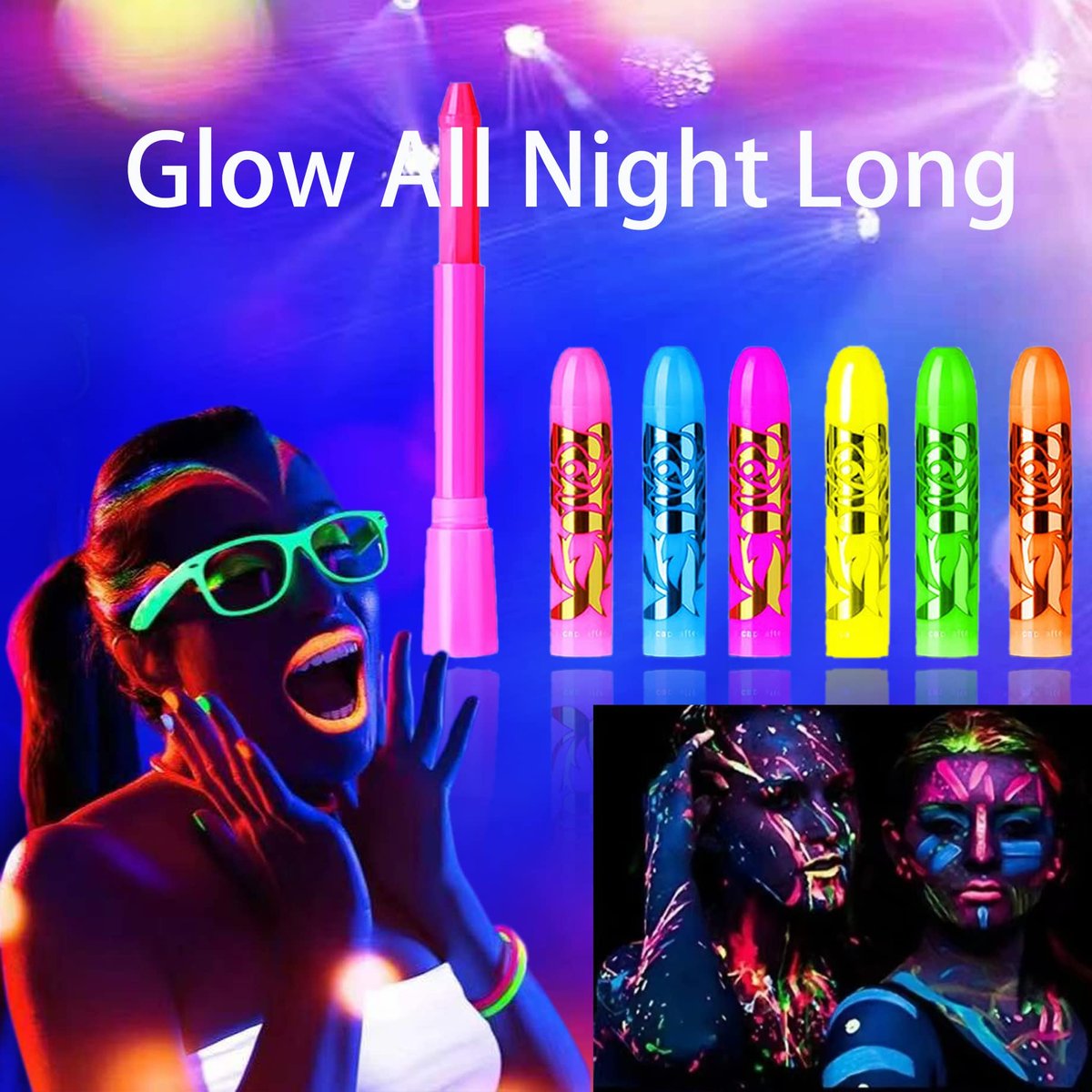 12 PCS Glow Face Body Paint Kit – Neon UV Black Light Reactive Makeup for Halloween, Festivals, and Glow Parties - görsel 7