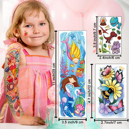 Partywind 66 Sheets Kids Full & Half Arm Temporary Tattoos Sleeves – Dinosaur, Pirate, Cars, Butterfly, Mermaid Tattoos for Boys and Girls, Party Supplies
