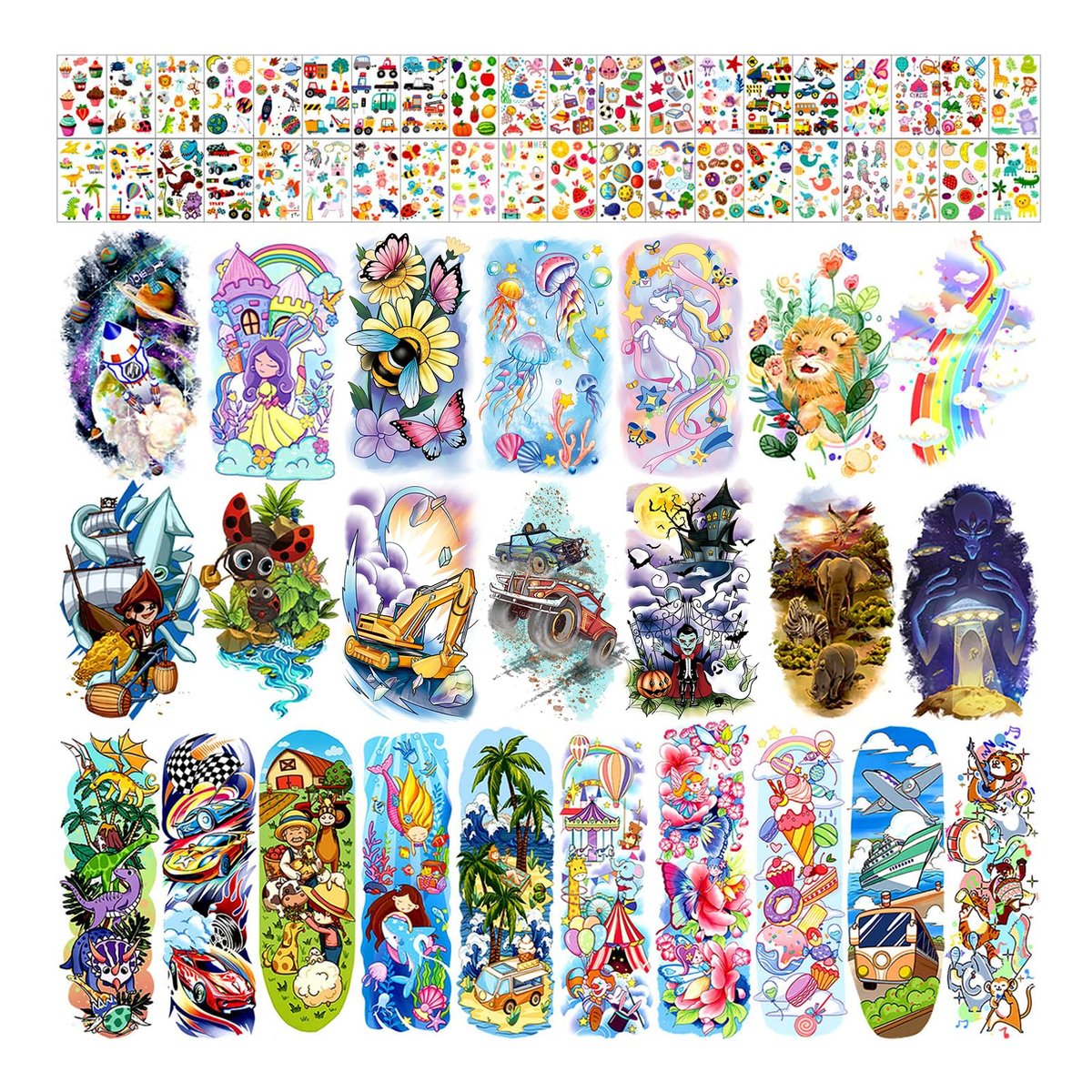 Partywind 66 Sheets Kids Full & Half Arm Temporary Tattoos Sleeves – Dinosaur, Pirate, Cars, Butterfly, Mermaid Tattoos for Boys and Girls, Party Supplies - görsel 1