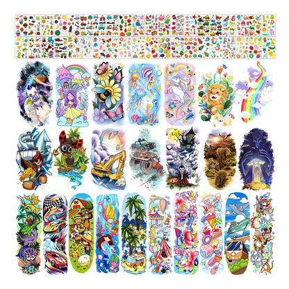 Partywind 66 Sheets Kids Full & Half Arm Temporary Tattoos Sleeves – Dinosaur, Pirate, Cars, Butterfly, Mermaid Tattoos for Boys and Girls, Party Supplies