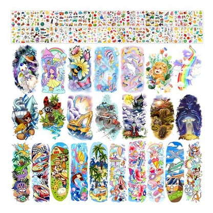 Partywind 66 Sheets Kids Full & Half Arm Temporary Tattoos Sleeves – Dinosaur, Pirate, Cars, Butterfly, Mermaid Tattoos for Boys and Girls, Party Supplies