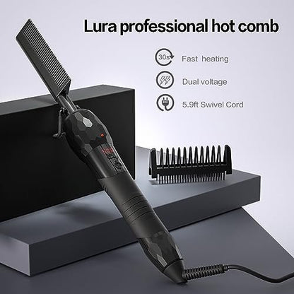 LURA 180°F-500°F Electric Hot Comb Straightener for Lace Front Wigs and African American Hair, Digital Display, Pressing Comb for Black Women Avelisse