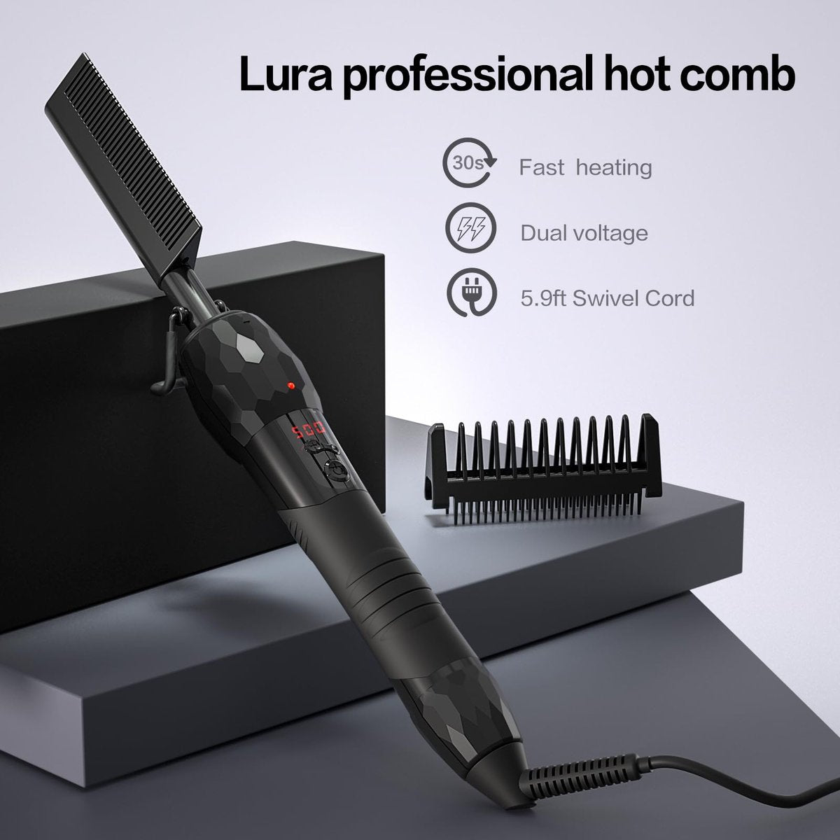LURA 180°F-500°F Electric Hot Comb Straightener for Lace Front Wigs and African American Hair, Digital Display, Pressing Comb for Black Women Avelisse
