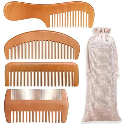 4-Piece Natural Bamboo Comb Set for Women & Men – Wide Tooth Detangling, Beard & Labor Combs for Curly, Thick, Wavy Hair with Gift Bag
