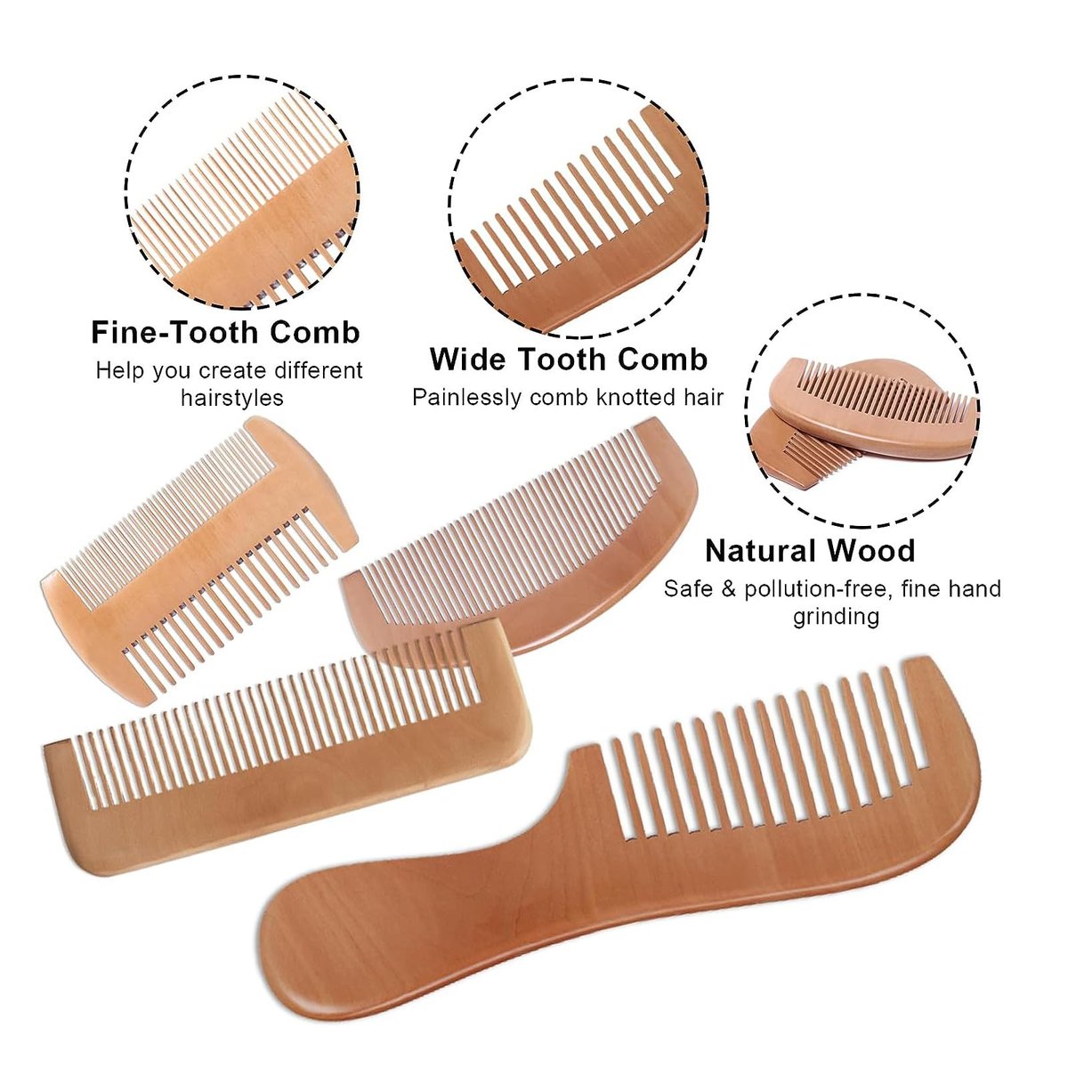 4-Piece Natural Bamboo Comb Set for Women & Men – Wide Tooth Detangling, Beard & Labor Combs for Curly, Thick, Wavy Hair with Gift Bag - görsel 5