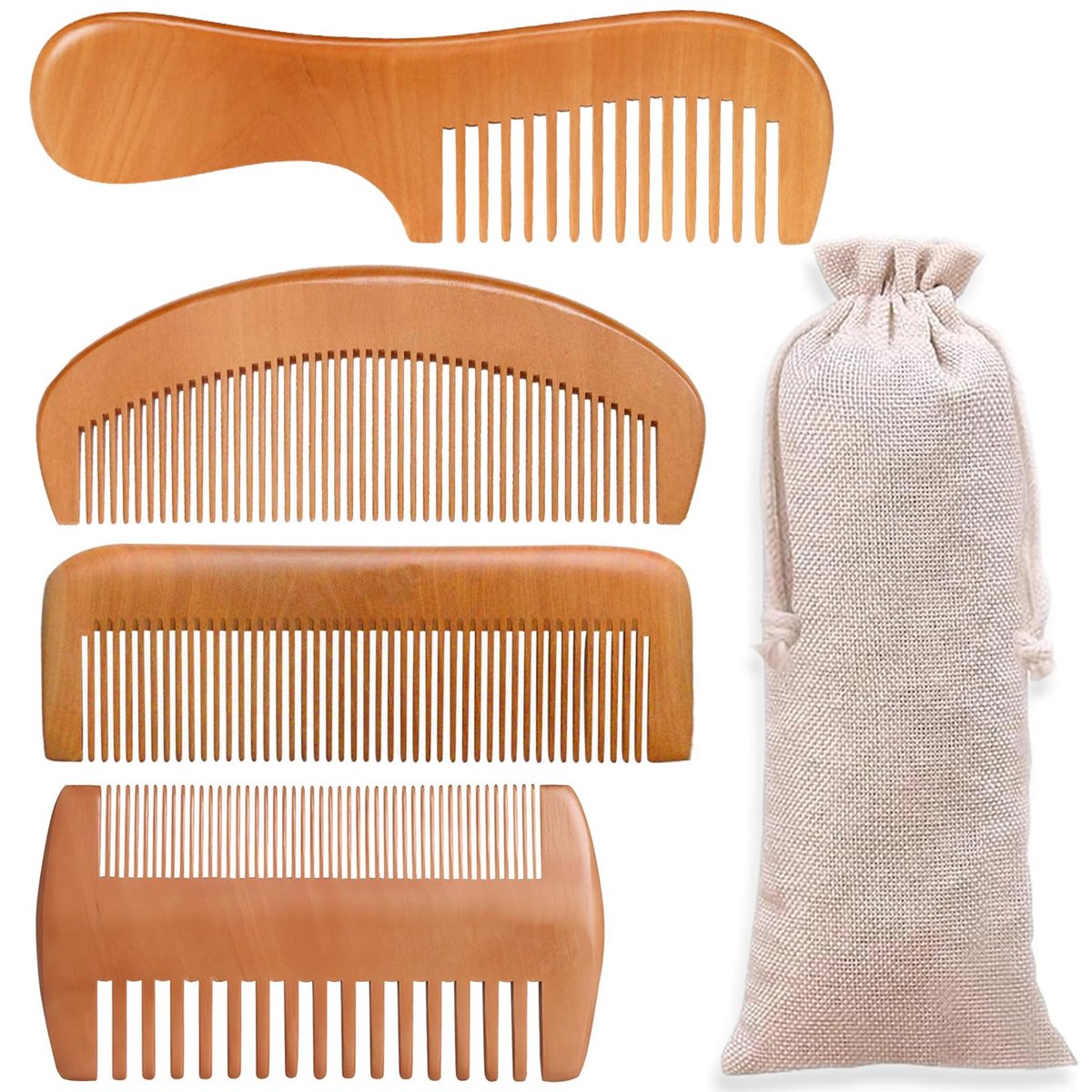 4-Piece Natural Bamboo Comb Set for Women & Men – Wide Tooth Detangling, Beard & Labor Combs for Curly, Thick, Wavy Hair with Gift Bag - görsel 1