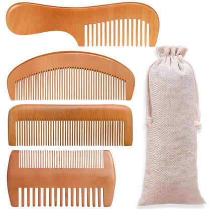 4-Piece Natural Bamboo Comb Set for Women & Men – Wide Tooth Detangling, Beard & Labor Combs for Curly, Thick, Wavy Hair with Gift Bag