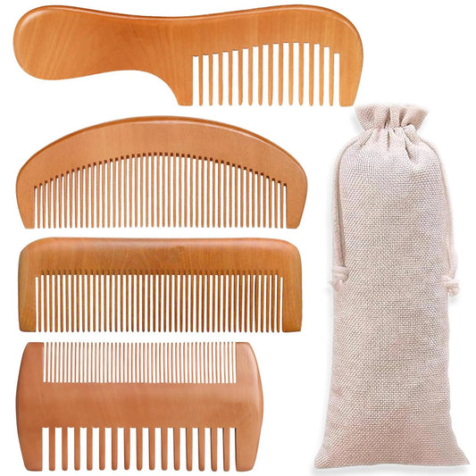 4-Piece Natural Bamboo Comb Set for Women & Men – Wide Tooth Detangling, Beard & Labor Combs for Curly, Thick, Wavy Hair with Gift Bag