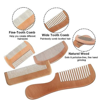 4-Piece Natural Bamboo Comb Set for Women & Men – Wide Tooth Detangling, Beard & Labor Combs for Curly, Thick, Wavy Hair with Gift Bag