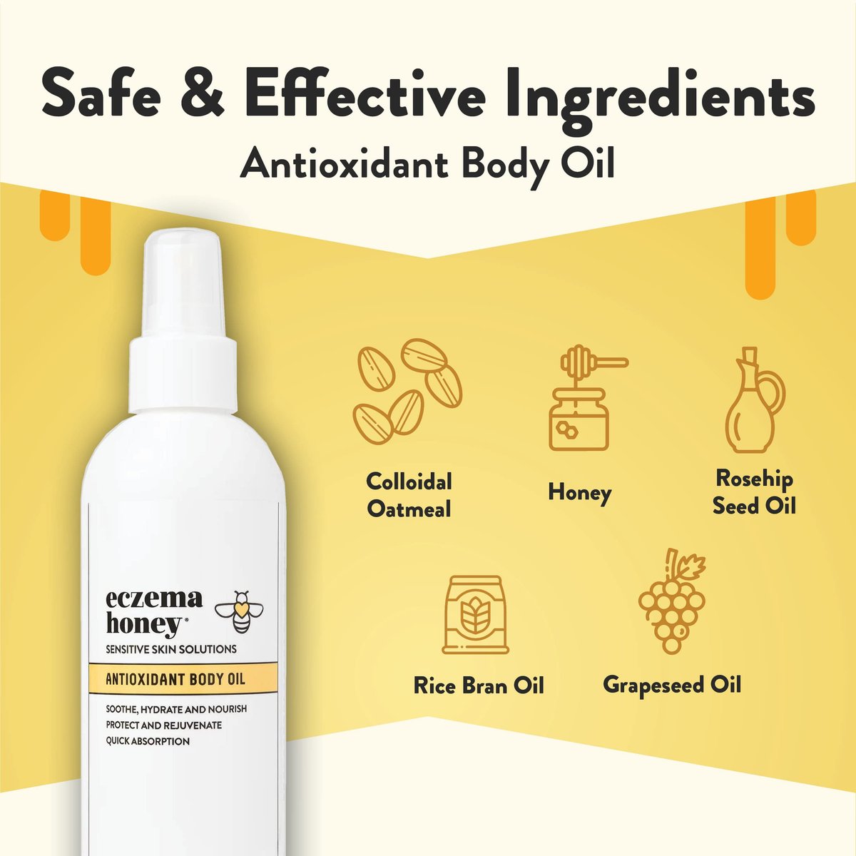 ECZEMA HONEY Antioxidant Body Oil - After Shower All Over Body Oil Spray for Skin - Eczema-Prone & Sensitive Moisturizing Skin Oil - Unscented Body Oils for Women, Men & Kids (8 Fl Oz) Avelisse
