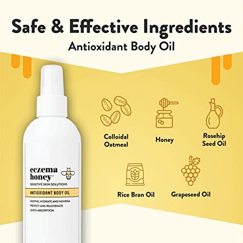 ECZEMA HONEY Antioxidant Body Oil - After Shower All Over Body Oil Spray for Skin - Eczema-Prone & Sensitive Moisturizing Skin Oil - Unscented Body Oils for Women, Men & Kids (8 Fl Oz) Avelisse
