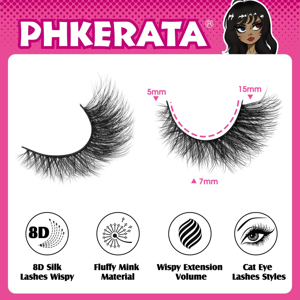 Natural Look Cat Eye False Eyelashes - Wispy Fox Eye Lashes 15mm 6D Volume Strip Lashes by PHKERATA (7 Pairs) - görsel 5