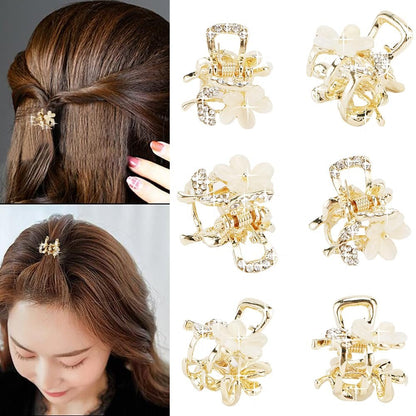 ANBALA Opal Rhinestone Small Hair Claw Clips - 6 Pack, Gold-Metal Grip Clamps for Thick, Thin, Long or Short Hair