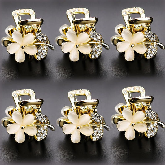 ANBALA Opal Rhinestone Small Hair Claw Clips - 6 Pack, Gold-Metal Grip Clamps for Thick, Thin, Long or Short Hair