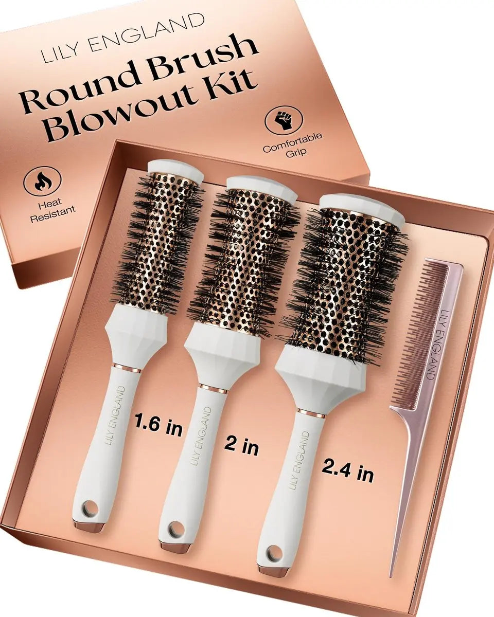 Lily England Round Hair Brush Set 4 Piece Professional Blow Dry Kit with Comb for Styling - White Avelisse