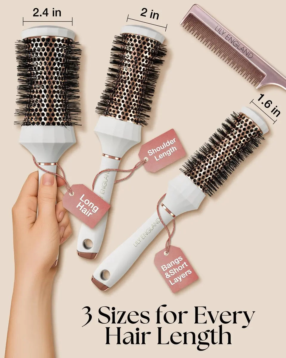 Lily England Round Hair Brush Set 4 Piece Professional Blow Dry Kit with Comb for Styling - White Avelisse