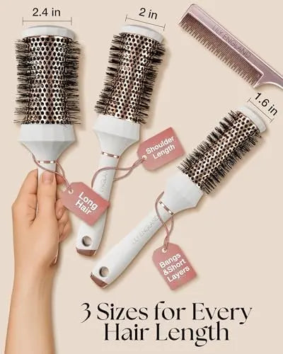 Lily England Round Hair Brush Set 4 Piece Professional Blow Dry Kit with Comb for Styling - White Avelisse