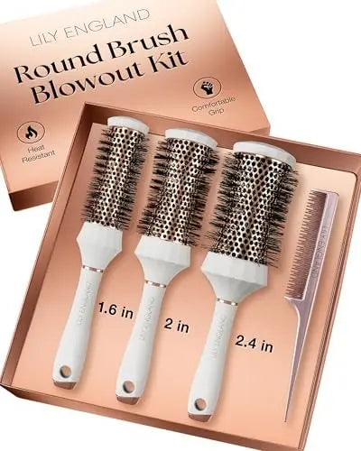 Lily England Round Hair Brush Set 4 Piece Professional Blow Dry Kit with Comb for Styling - White Avelisse