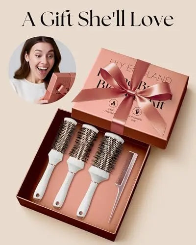 Lily England Round Hair Brush Set 4 Piece Professional Blow Dry Kit with Comb for Styling - White Avelisse