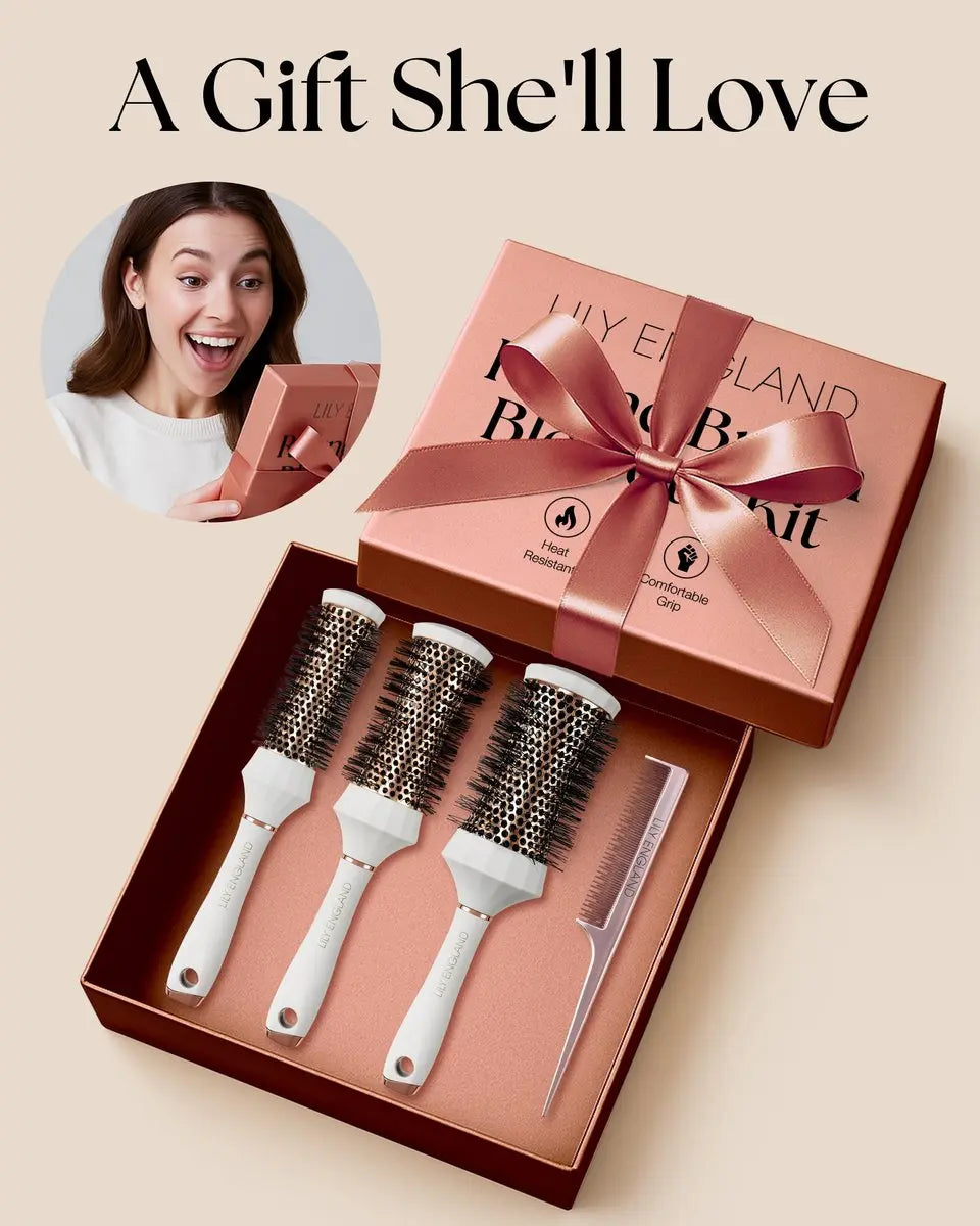 Lily England Round Hair Brush Set 4 Piece Professional Blow Dry Kit with Comb for Styling - White Avelisse
