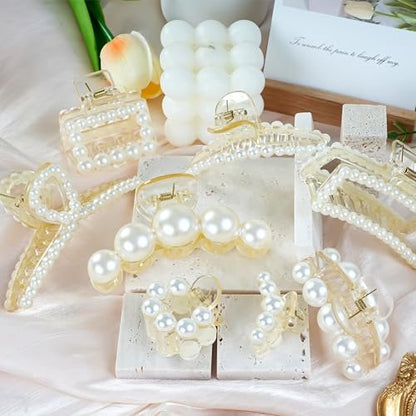 8-Piece Pearl Hair Claw Clips for Women – Resin Barrettes for Thick & Thin Hair, Wedding & Daily Styling
