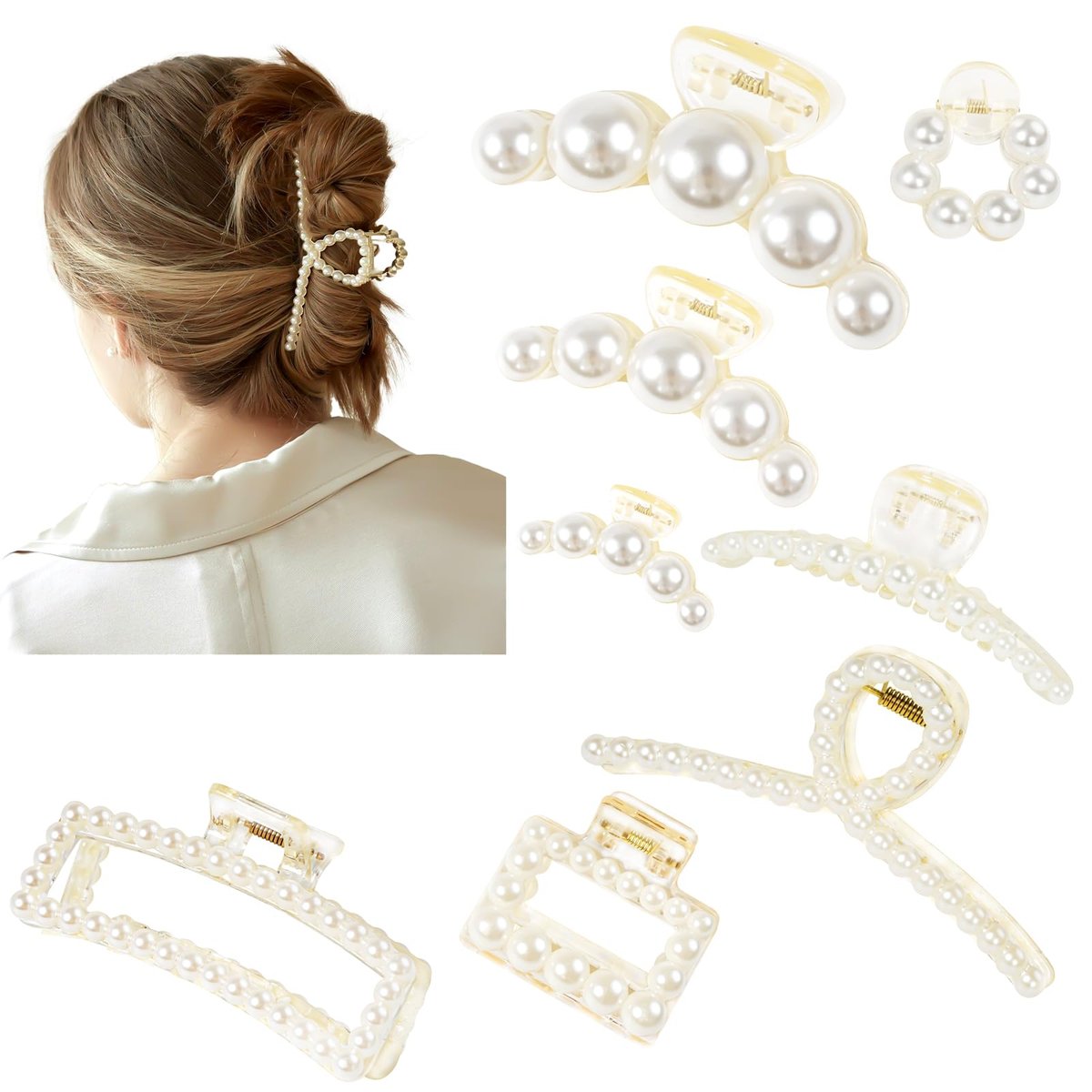 8-Piece Pearl Hair Claw Clips for Women – Resin Barrettes for Thick & Thin Hair, Wedding & Daily Styling - görsel 1