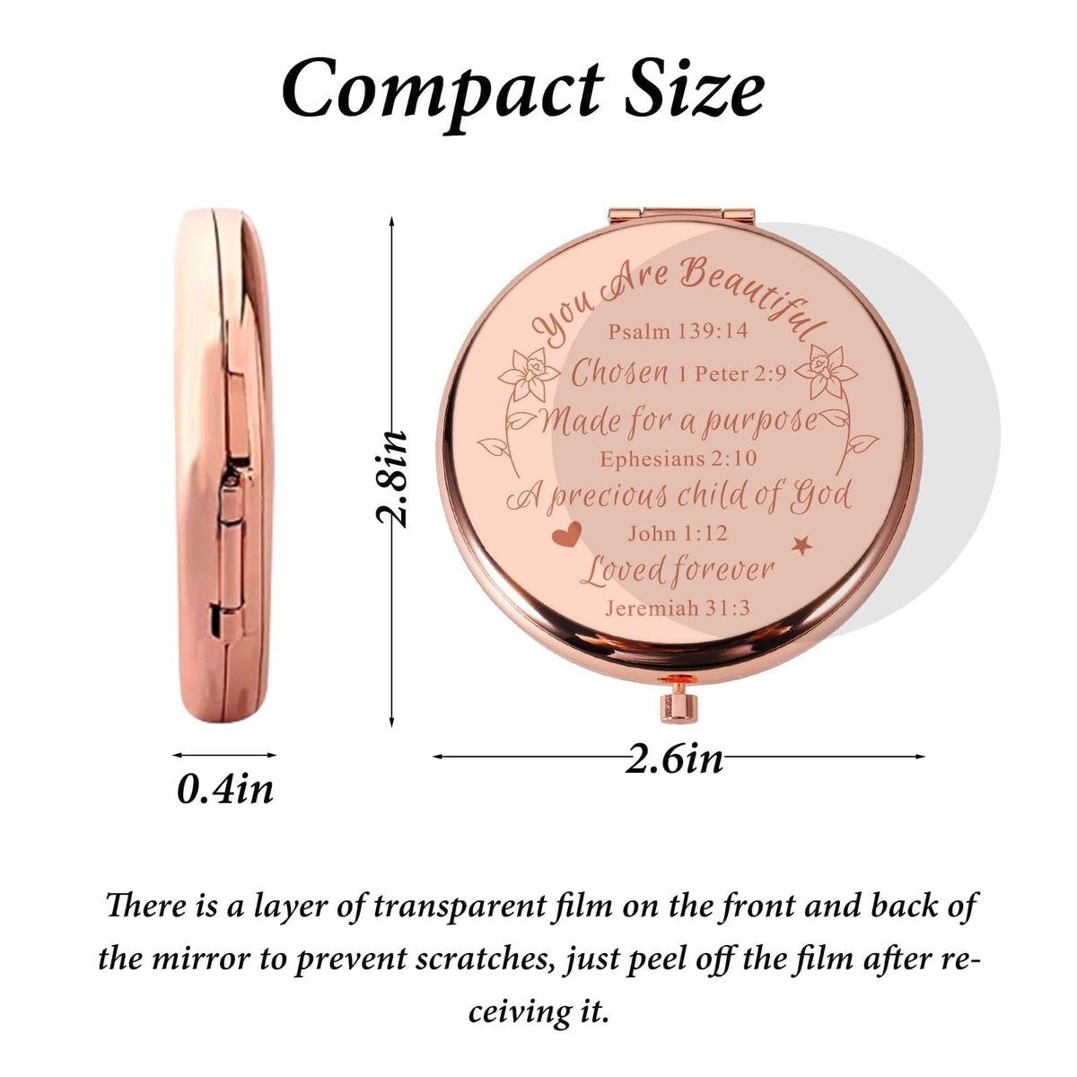 Christian Gifts for Teen Girls Women - Inspirational Bible Verse Compact Mirror - Rose Gold - görsel 6