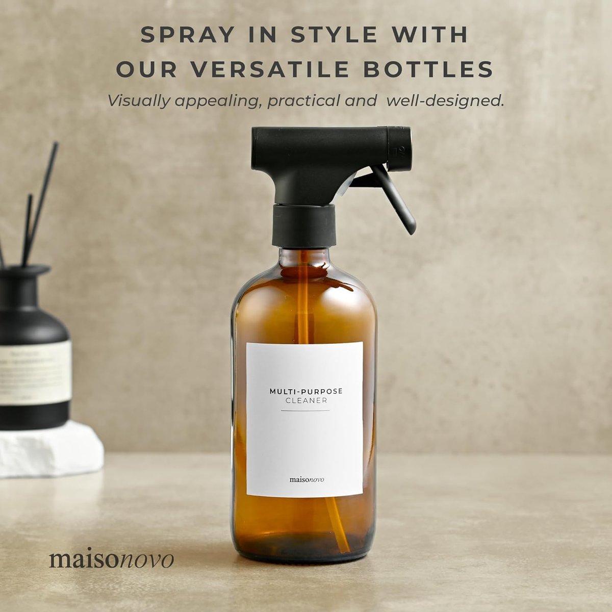 MaisoNovo Glass Spray Bottle - 16.9 fl oz Amber x 2 with 16 Labels Avelisse