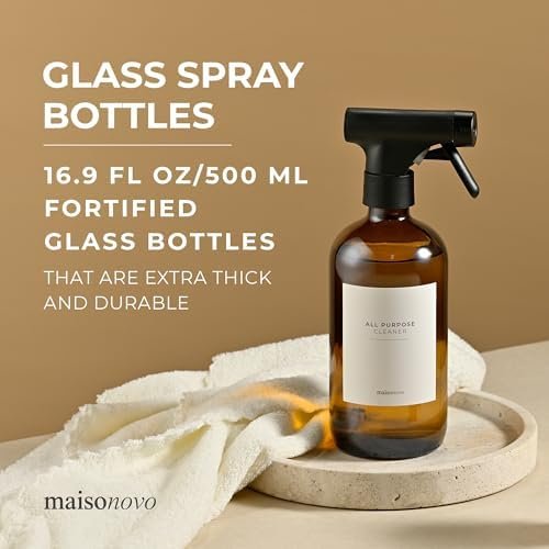 MaisoNovo Glass Spray Bottle - 16.9 fl oz Amber x 2 with 16 Labels Avelisse