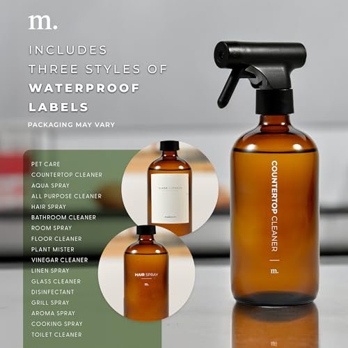 MaisoNovo Glass Spray Bottle - 16.9 fl oz Amber x 2 with 16 Labels Avelisse