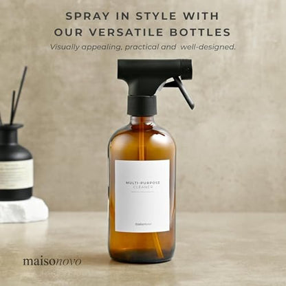 MaisoNovo Glass Spray Bottle - 16.9 fl oz Amber x 2 with 16 Labels Avelisse