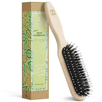 Natural Boar Bristle Hair Brush for Women, Men, Kids - Dry and Wet Detangling Hair Brush Gently Enhances Shine, Smooths Frizz and Prevents Breakage in Fine, Straight, Thick, Curly Hair (Long, Green)