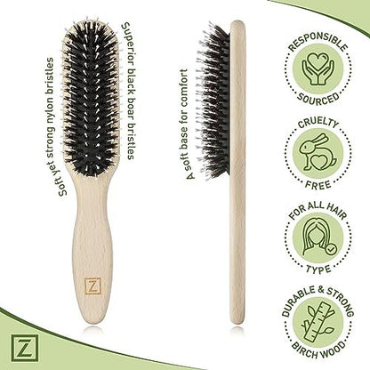 Natural Boar Bristle Hair Brush for Women, Men, Kids - Dry and Wet Detangling Hair Brush Gently Enhances Shine, Smooths Frizz and Prevents Breakage in Fine, Straight, Thick, Curly Hair (Long, Green)