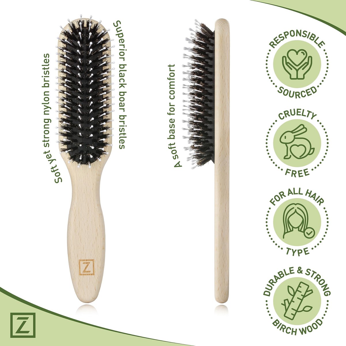 Natural Boar Bristle Hair Brush for Women, Men, Kids - Dry and Wet Detangling Hair Brush Gently Enhances Shine, Smooths Frizz and Prevents Breakage in Fine, Straight, Thick, Curly Hair (Long, Green) - görsel 7