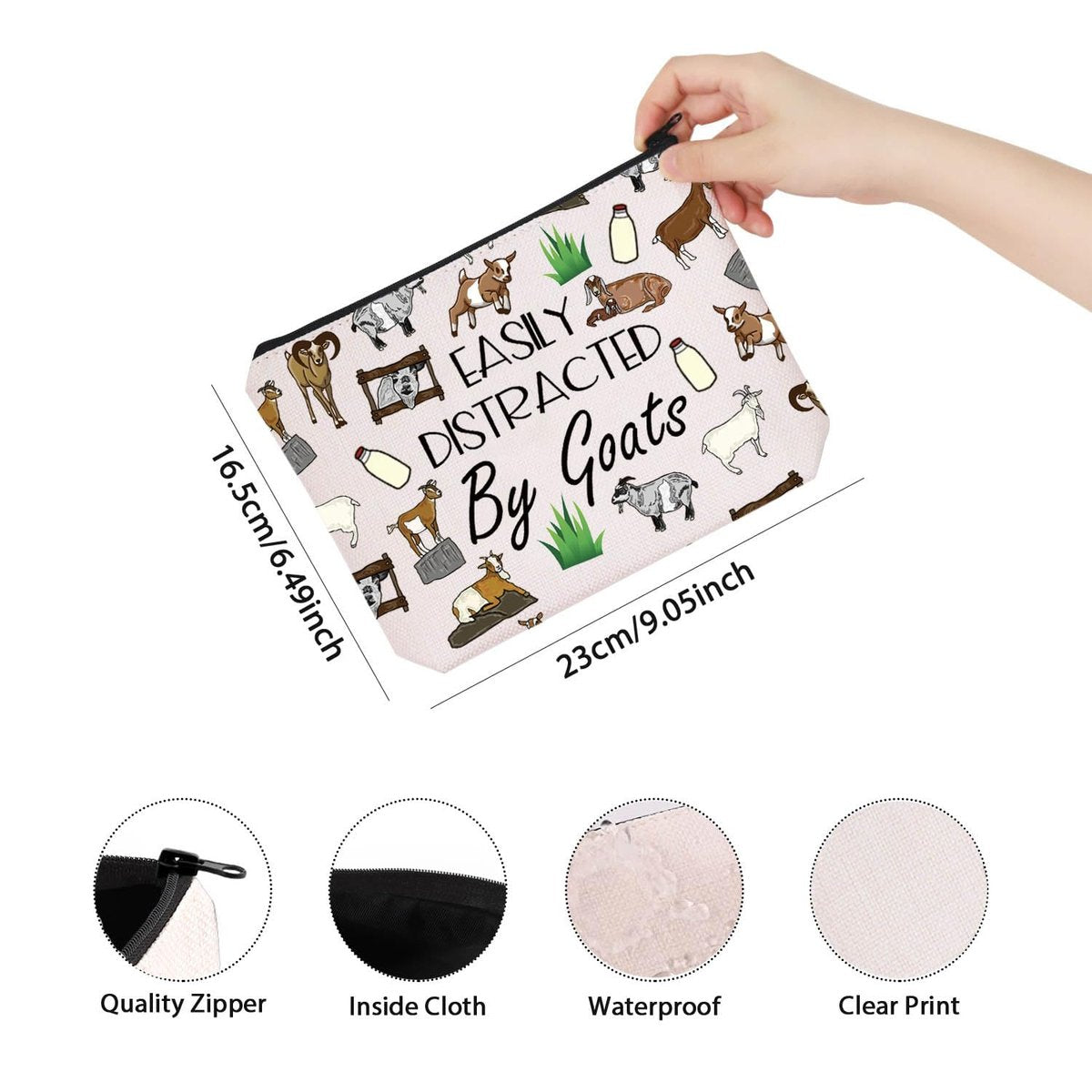 Funny Goat Gift Easily Distracted By Goats Zipper Pouch Bag - Beige Cosmetic Case for Goat Lovers - görsel 3