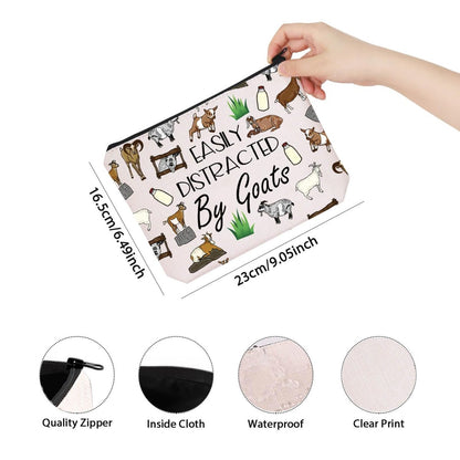 Funny Goat Gift Easily Distracted By Goats Zipper Pouch Bag - Beige Cosmetic Case for Goat Lovers