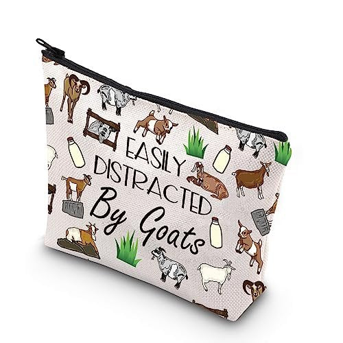 Funny Goat Gift Easily Distracted By Goats Zipper Pouch Bag - Beige Cosmetic Case for Goat Lovers - görsel 2