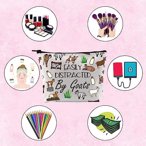 Funny Goat Gift Easily Distracted By Goats Zipper Pouch Bag - Beige Cosmetic Case for Goat Lovers - görsel 8