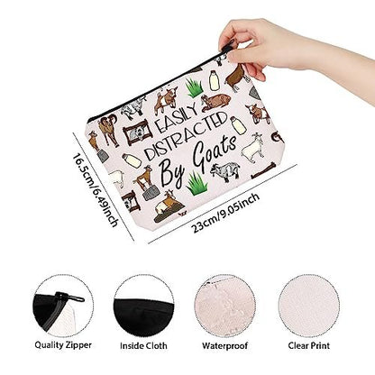 Funny Goat Gift Easily Distracted By Goats Zipper Pouch Bag - Beige Cosmetic Case for Goat Lovers